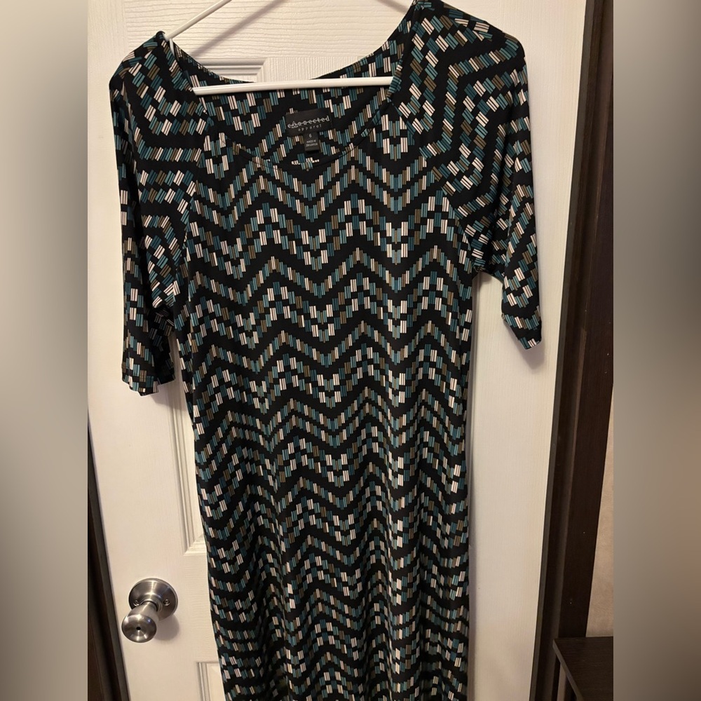Connected Apparel Black and Teal Zigzag Midi Dress